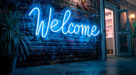 A neon sign that says "Welcome" in cursive script. Aesthetic photo of neon sign. Beautiful building. Glowing letter signs. Pub entrance photo. Bar neon sign. Vibe pub corner photo