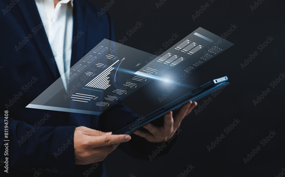 Poster businessman using a tablet to analyze company's financial revenue and profit with value increasing c