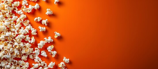 popcorn on an orange background, minimalistic style, copy space for text, blank space for text, copy space for text, cinema, movie popcorn background