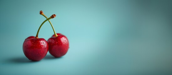 Minimalist style, two red cherries on a light blue background, copy space for text, blank space for text, top view, simple background for presentation, video thumbnail, photo, fresh cherries fruit