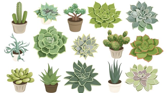 illustration of succulent plants in various colors and sizes, including green, white, and green - and - white flowers, arranged in white and brown pots