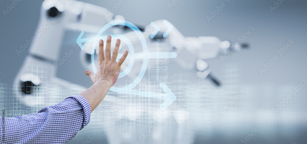 Poster engineer monitoring robotic ai arms in manufacturing factory plant, manager managing controlling usi