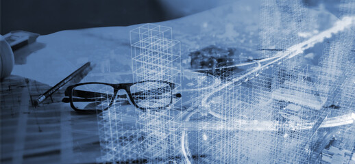 Engineering worker industry double exposure city thinking planning  innovation analyzing concept, construction building city development, contractor technician, architect, city background blue banner.