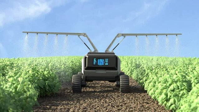 Smart robotic farmers concept, robot farmers, Agriculture technology, Farm automation, Robot spraying fertilizer in the vegetable garden
