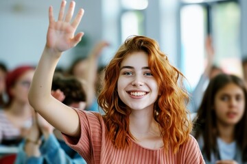 smiling happy teenager girl student raising hand at school classroom, education and learning concept