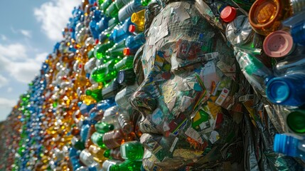 Amazing portrait of a woman made out of recycled plastic bottles, highlighting the beauty that can be found in waste.