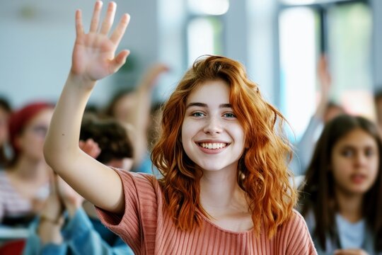 smiling happy teenager girl student raising hand at school classroom, education and learning concept - Powered by Adobe