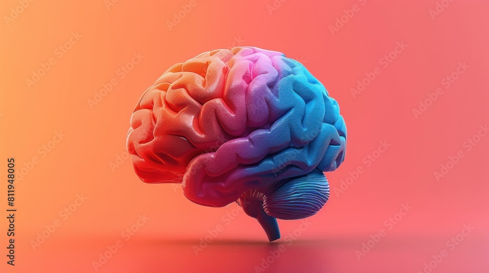 Poster 3d rendering of human brain on vibrant orange and pink background with abstract design elements