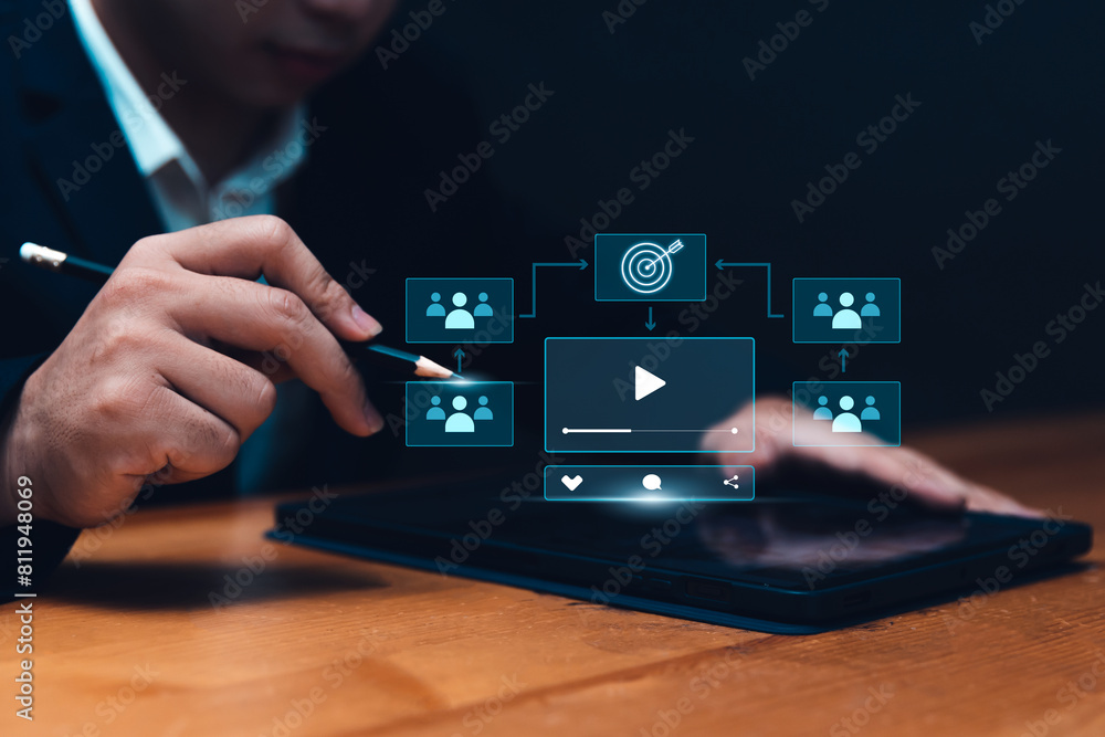 Poster video advertisement digital marketing targeting specific audience concepts, using a tablet creating 