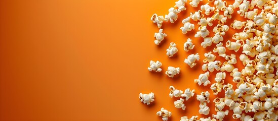 popcorn on an orange background, minimalistic style, copy space for text, blank space for text, copy space for text, cinema, movie popcorn background