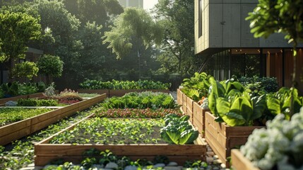 An urban garden with raised beds full of lush green vegetables and herbs.