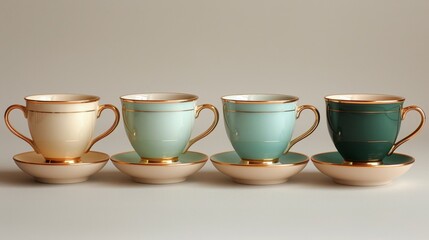 Fototapeta premium Exquisite Green and Gold Inlaid Tea Cup and Saucer Collection - Captivating 4K Wallpaper for Collectors