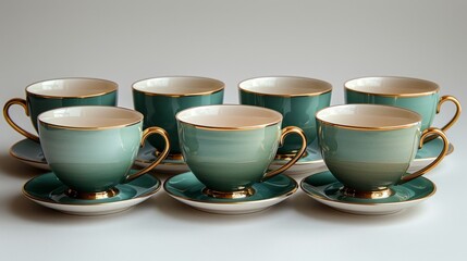 Exquisite Green and Gold Inlaid Tea Cup and Saucer Collection - Captivating 4K Wallpaper for Collectors