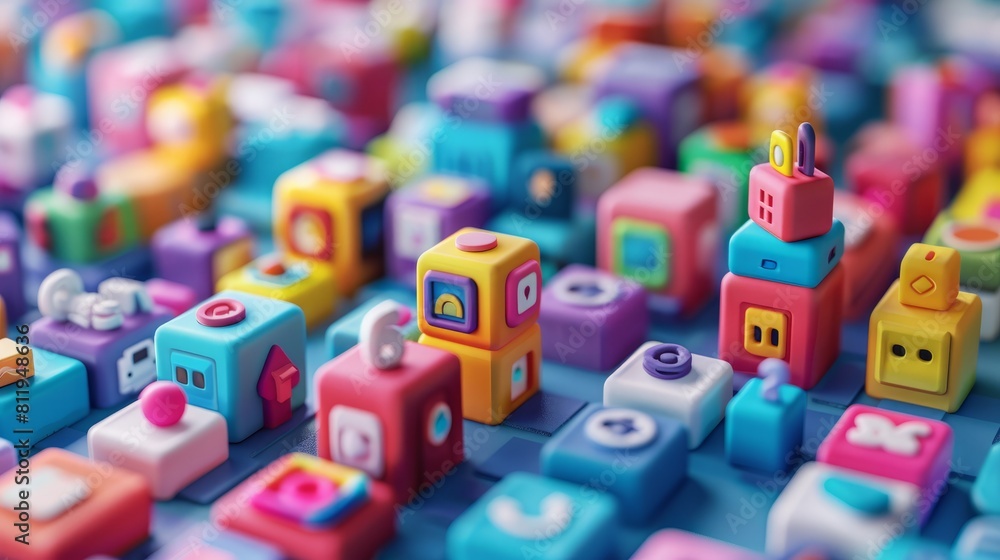 Poster colorful 3d blocks with smiley faces on each side.
