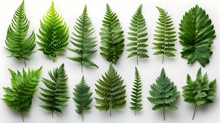 Crisp and Green Fern Leaves in Various Sizes on White Background