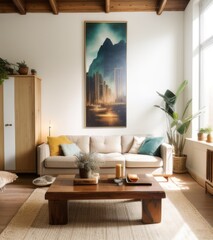 Fototapeta premium A beautiful boho living room interior with wooden coffee table, white sofa and abstract painting on the wall