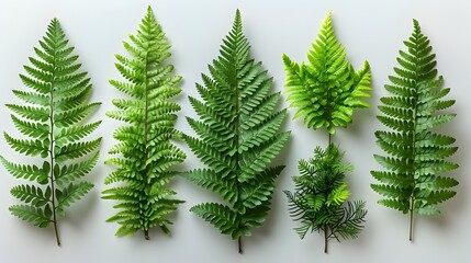 Lush Green Fern Leaves in Diverse Sizes Displayed on White Background