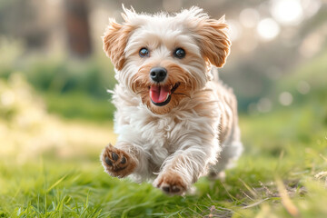 White Dog Joyfully Running in Field