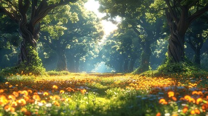 Cartoon-inspired deep forest scenery, crafted as a backdrop for video game digital CG artwork, 
