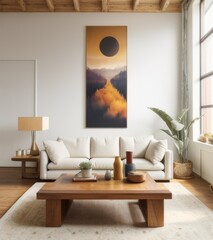 A beautiful boho living room interior with wooden coffee table, white sofa and abstract painting on the wall