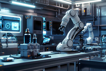 Fototapeta premium Futuristic AI Robotics Laboratory - Autonomous Robots for Innovative Scientific Research