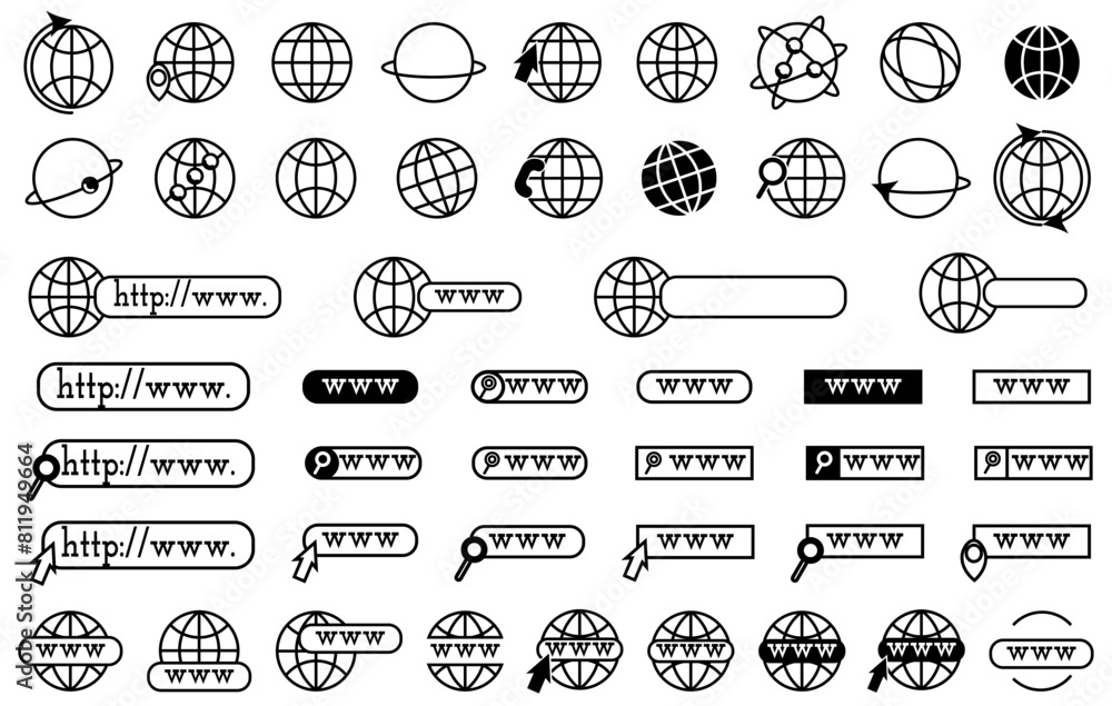 Poster web icons in black. set of globe internet logo, www icons collection in black
