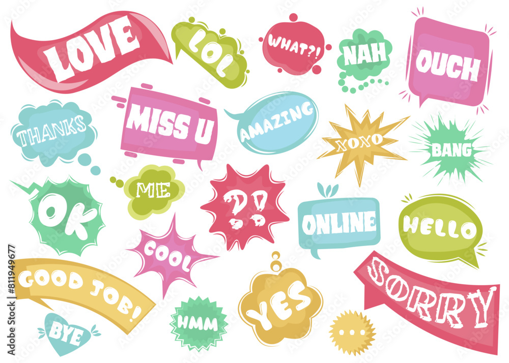 Poster Speech bubble collection with text inside. Cartoon text message in a flat design. Vector illustration