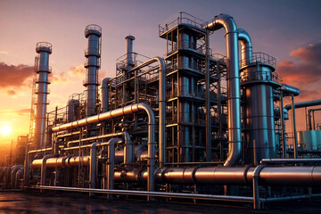 Petroleum industrial plant with pipeline and pipe rack at sunset sky background. View of chemical...