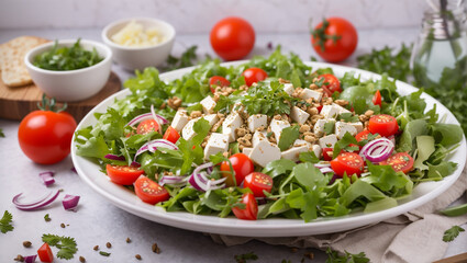 salad with lettuce, tomatoes, red onion, and cheese