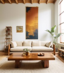 A beautiful boho living room interior with wooden coffee table, white sofa and abstract painting on the wall