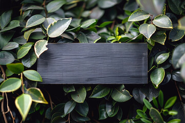 A mock-up of an empty sign with the name of a store, bar, cafe or restaurant. A mock-up of an elegant ebony plaque against a stylish wooden wall and leaves of climbing plants.