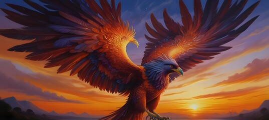 A shimmering radiant phoenix, its fiery feathers ablaze in hues of gold and crimson against a twilight sky.