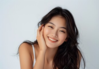 Beautiful young Asian woman is smiling and touching her face with one hand against a white background in a half-length photo