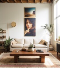 A beautiful boho living room interior with wooden coffee table, white sofa and abstract painting on the wall