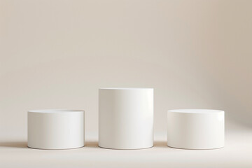 Simple white podium for the presentation of the product. beige background. Minimal. 3D rendering. Pedestals.