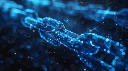 A blue digital chain with an animated digital data stream, symbolizing the interconnected nature of blockchain technology and its impact on financial recording. 

