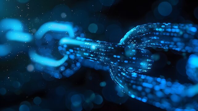 A blue digital chain with an animated digital data stream, symbolizing the interconnected nature of blockchain technology and its impact on financial recording. 

