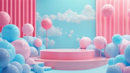 Pink and blue pastel color podium with pastel color balloons for product presentation.