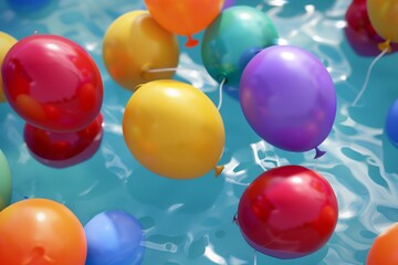 Various colorful ballons floating on a water pool abstract background