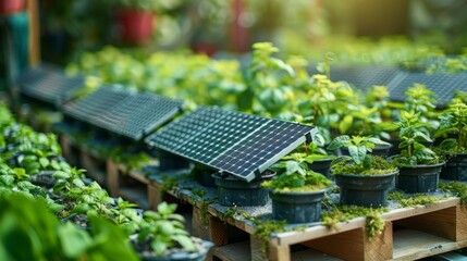 Fototapeta premium Small plants in pots on a shelf in a greenhouse with sunlight in the background.