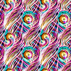 Rainbow Peacock Girl. Multicolor Art Feather.