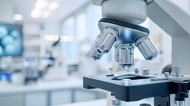 An advanced microscope in the foreground, set against a backdrop of a modern laboratory with white walls and light gray floors.
