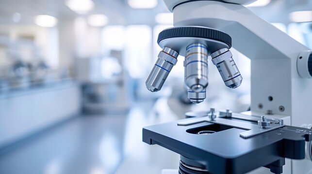 An advanced microscope in the foreground, set against a backdrop of a modern laboratory with white walls and light gray floors.
