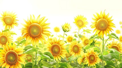 illustration of sunflowers, including a large yellow sunflower and smaller yellow sunflowers, stand tall in a field under a white sky