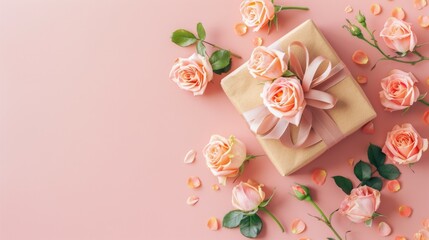 Gift box with rose flower and ribbon pink copy space background