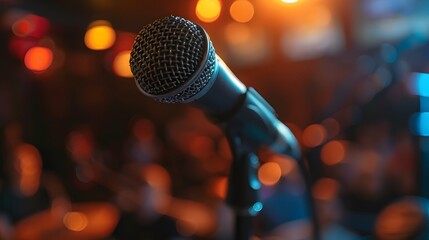 An empty microphone on stage, with the blurred background showing the audience and other items in the room. 