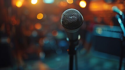 An empty microphone on stage, with the blurred background showing the audience and other items in...
