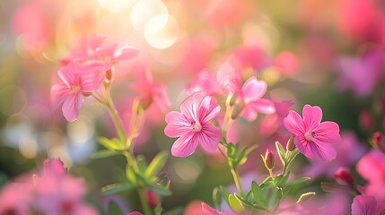 Fototapeta premium Delicate pink flowers blooming in the sunlight, with blurred greenery and bokeh background creating an enchanting garden scene. 