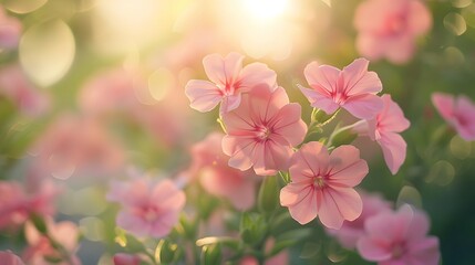 Obraz premium Delicate pink flowers blooming in the sunlight, with blurred greenery and bokeh background creating an enchanting garden scene. 