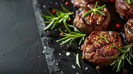 Delicious beef medallions served on black table 